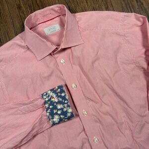 Eton Dress Shirt Mens 42 16.5 Red Pinstripe Contemporary Fit Floral Flip Cuff